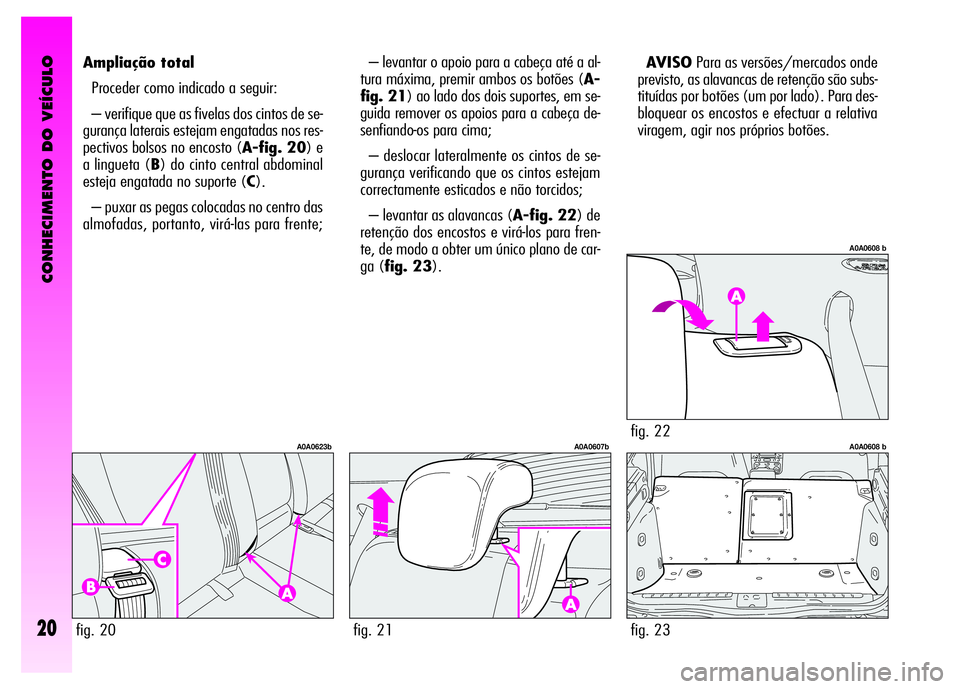 Alfa Romeo GT 2008  Manual de Uso e Manutenção (in Portuguese) CONHECIMENTO DO VEÍCULO
20
– levantar o apoio para a cabeça até a al-
tura máxima, premir ambos os botões (A-
fig. 21) ao lado dos dois suportes, em se-
guida remover os apoios para a cabeça d