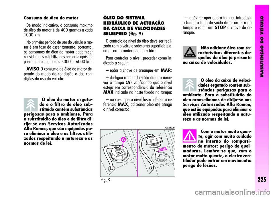 Alfa Romeo GT 2007  Manual de Uso e Manutenção (in Portuguese) MANUTENÇÃO DO VEÍCULO
225
O óleo do motor esgota-
do e o filtro de óleo sub-
stituído contém substâncias
perigosas para o ambiente. Para
a substituição do óleo e do filtro di-
rija-se aos S