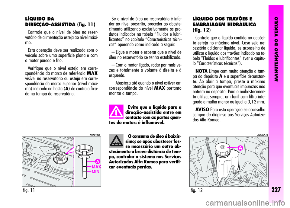 Alfa Romeo GT 2007  Manual de Uso e Manutenção (in Portuguese) MANUTENÇÃO DO VEÍCULO
227
O consumo de óleo é baixís-
simo; se após abastecer fos-
se necessário um outro ab-
stecimento a breve distância de tem-
po, controlar o sistema nos Serviços
Autori