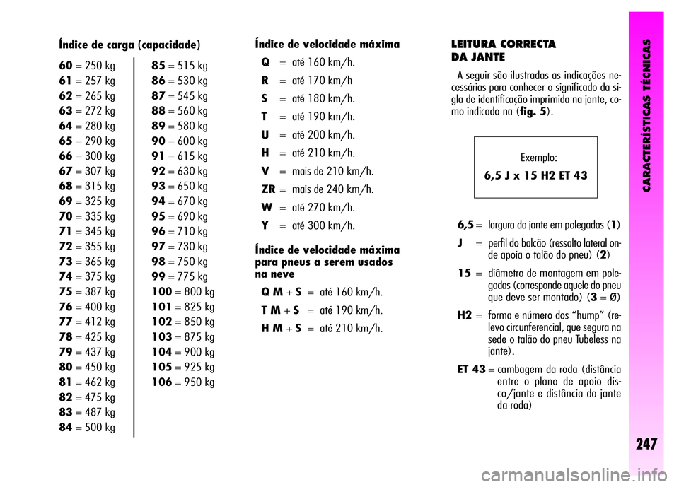 Alfa Romeo GT 2008  Manual de Uso e Manutenção (in Portuguese) CARACTERÍSTICAS TÉCNICAS
247
Índice de velocidade máxima
Q= até 160 km/h.
R= até 170 km/h
S= até 180 km/h.
T= até 190 km/h.
U= até 200 km/h.
H= até 210 km/h.
V= mais de 210 km/h.
ZR= mais de