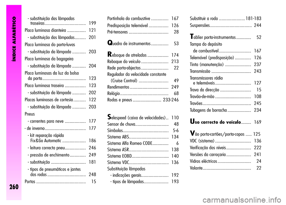 Alfa Romeo GT 2007  Manual de Uso e Manutenção (in Portuguese) ÍNDICE ALFABÉTICO
260
- substituição das lâmpadas 
traseiras ................................. 199 
Placa luminosa dianteira ............... 121 
- substituição das lâmpadas......... 201 
Plac