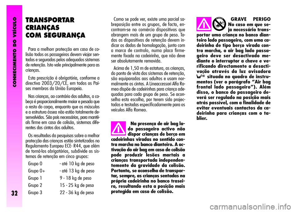 Alfa Romeo GT 2008 Manual de Uso e Manutenção (in Portuguese) CONHECIMENTO DO VEÍCULO
32
TRANSPORTAR
CRIANÇAS
COM SEGURANÇA
Para a melhorr protecção em caso de co-
lisão todos os passageiros devem viajar sen-
tados e segurados pelos adequados sistemas
de Alfa Romeo GT 2008 Manual de Uso e Manutenção (in Portuguese) CONHECIMENTO DO VEÍCULO
32
TRANSPORTAR
CRIANÇAS
COM SEGURANÇA
Para a melhorr protecção em caso de co-
lisão todos os passageiros devem viajar sen-
tados e segurados pelos adequados sistemas
de
