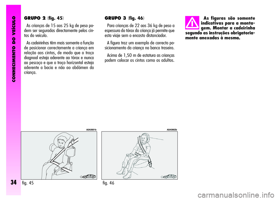 Alfa Romeo GT 2008 Manual de Uso e Manutenção (in Portuguese) CONHECIMENTO DO VEÍCULO
34
GRUPO 2 (fig. 45)
As crianças de 15 aos 25 kg de peso po-
dem ser seguradas directamente pelos cin-
tos do veículo.
As cadeirinhas têm mais somente a função
de posici Alfa Romeo GT 2008 Manual de Uso e Manutenção (in Portuguese) CONHECIMENTO DO VEÍCULO
34
GRUPO 2 (fig. 45)
As crianças de 15 aos 25 kg de peso po-
dem ser seguradas directamente pelos cin-
tos do veículo.
As cadeirinhas têm mais somente a função
de posici