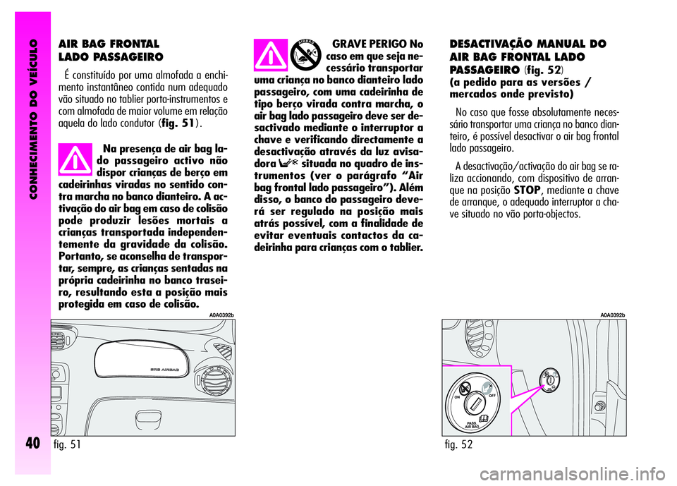 Alfa Romeo GT 2008 Manual de Uso e Manutenção (in Portuguese) CONHECIMENTO DO VEÍCULO
40
AIR BAG FRONTAL
LADO PASSAGEIRO
É constituído por uma almofada a enchi-
mento instantâneo contida num adequado
vão situado no tablier porta-instrumentos e
com almofada Alfa Romeo GT 2008 Manual de Uso e Manutenção (in Portuguese) CONHECIMENTO DO VEÍCULO
40
AIR BAG FRONTAL
LADO PASSAGEIRO
É constituído por uma almofada a enchi-
mento instantâneo contida num adequado
vão situado no tablier porta-instrumentos e
com almofada