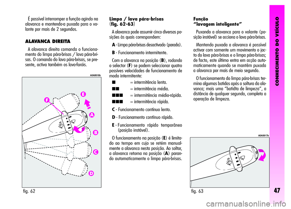 Alfa Romeo GT 2007  Manual de Uso e Manutenção (in Portuguese) CONHECIMENTO DO VEÍCULO
47
É possível interromper a função agindo na
alavanca e mantendo-a puxada para o vo-
lante por mais de 2 segundos.
ALAVANCA DIREITA
A alavanca direita comanda o funciona-
