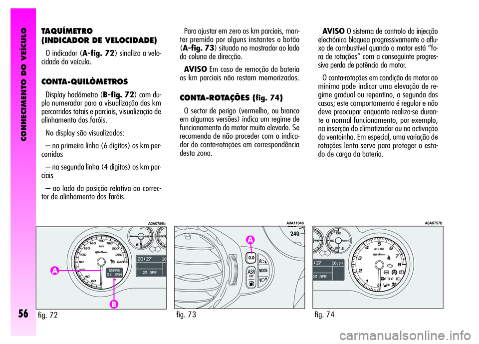 Alfa Romeo GT 2008 Manual de Uso e Manutenção (in Portuguese) CONHECIMENTO DO VEÍCULO
56
TAQUÍMETRO
(INDICADOR DE VELOCIDADE)
O indicador (A-fig. 72) sinaliza a velo-
cidade do veículo.
CONTA-QUILÓMETROS
Display hodómetro (B-fig. 72) com du-
plo numerador Alfa Romeo GT 2008 Manual de Uso e Manutenção (in Portuguese) CONHECIMENTO DO VEÍCULO
56
TAQUÍMETRO
(INDICADOR DE VELOCIDADE)
O indicador (A-fig. 72) sinaliza a velo-
cidade do veículo.
CONTA-QUILÓMETROS
Display hodómetro (B-fig. 72) com du-
plo numerador