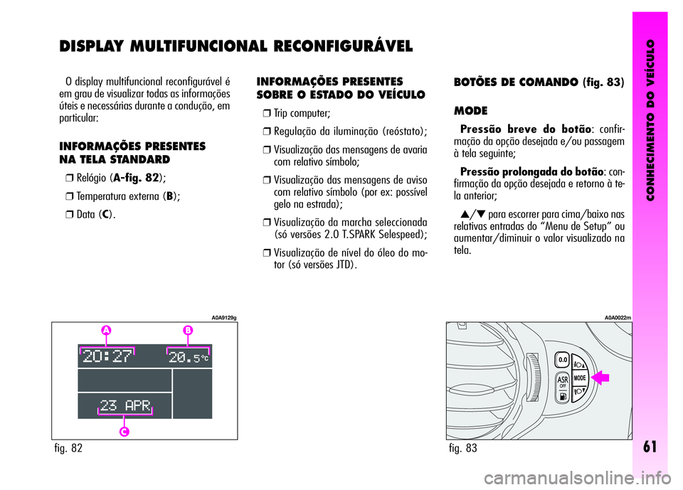 Alfa Romeo GT 2008 Manual de Uso e Manutenção (in Portuguese) CONHECIMENTO DO VEÍCULO
61fig. 82
A0A9129g
fig. 83
A0A0022m
INFORMAÇÕES PRESENTES
SOBRE O ESTADO DO VEÍCULO
❒Trip computer;
❒Regulação da iluminação (reóstato);
❒Visualização das Alfa Romeo GT 2008 Manual de Uso e Manutenção (in Portuguese) CONHECIMENTO DO VEÍCULO
61fig. 82
A0A9129g
fig. 83
A0A0022m
INFORMAÇÕES PRESENTES
SOBRE O ESTADO DO VEÍCULO
❒Trip computer;
❒Regulação da iluminação (reóstato);
❒Visualização das