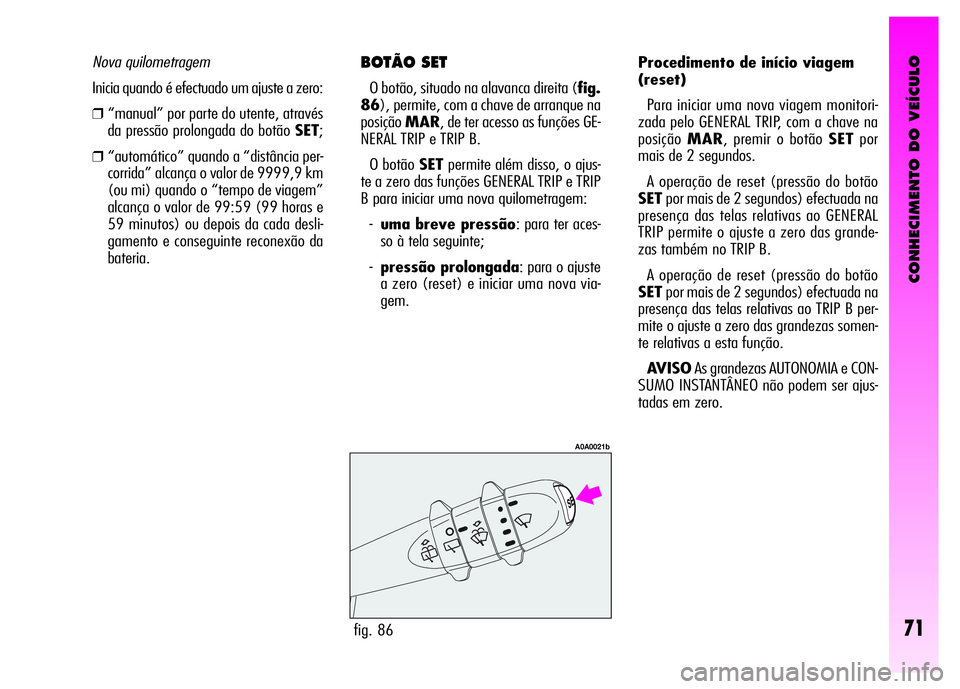 Alfa Romeo GT 2008 Manual de Uso e Manutenção (in Portuguese) CONHECIMENTO DO VEÍCULO
71
BOTÃO SET
O botão, situado na alavanca direita (fig.
86), permite, com a chave de arranque na
posiçãoMAR, de ter acesso as funções GE-
NERAL TRIP e TRIP B.
O botão Alfa Romeo GT 2008 Manual de Uso e Manutenção (in Portuguese) CONHECIMENTO DO VEÍCULO
71
BOTÃO SET
O botão, situado na alavanca direita (fig.
86), permite, com a chave de arranque na
posiçãoMAR, de ter acesso as funções GE-
NERAL TRIP e TRIP B.
O botão