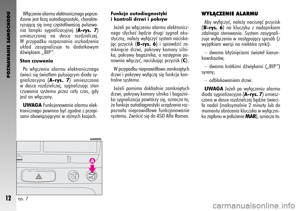 Alfa Romeo GT 2005  Instrukcja obsługi (in Polish) POZNAWANIE SAMOCHODU
12
W∏àczenie alarmu elektronicznego poprze-
dzone jest fazà autodiagnostyki, charakte-
ryzujàcà si´ innà cz´stotliwoÊcià pulsowa-
nia lampki sygnalizacyjnej (A-rys. 7)
