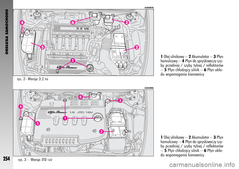 Alfa Romeo GT 2009  Instrukcja obsługi (in Polish) OBS¸UGA SAMOCHODU
254
A0A0396b
rys. 3 -  Wersja JTD 16V
1Olej silnikowy – 2Akumulator – 3P∏yn
hamulcowy – 4P∏yn do spryskiwaczy szy-
by przedniej / szyby tylnej / reflektorów
– 5P∏yn c