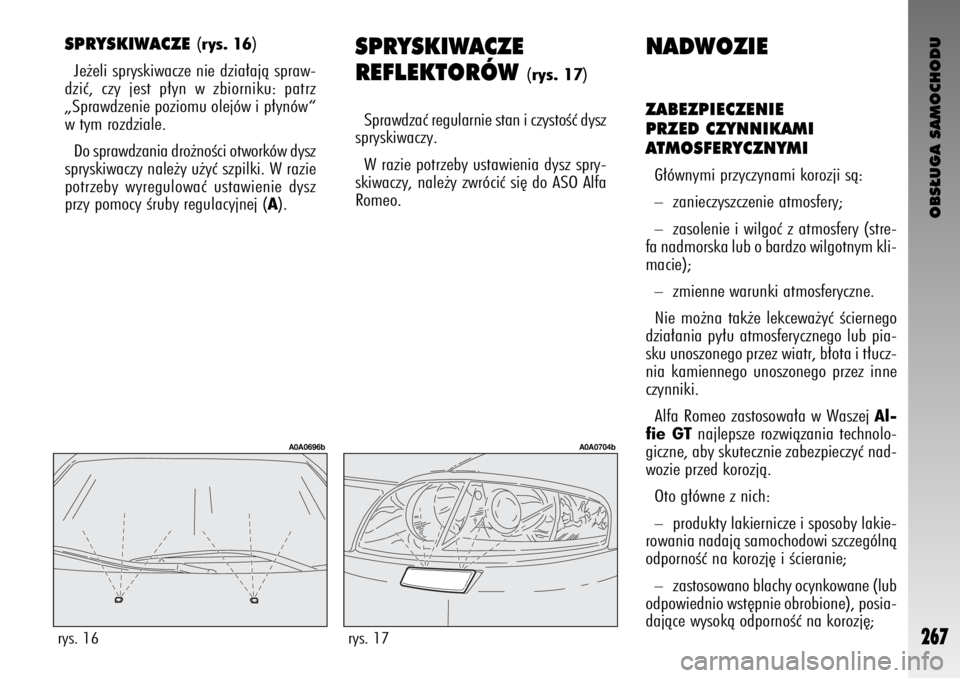 Alfa Romeo GT 2007  Instrukcja obsługi (in Polish) OBS¸UGA SAMOCHODU
267
SPRYSKIWACZE (rys. 16)
Je˝eli spryskiwacze nie dzia∏ajà spraw-
dziç, czy jest p∏yn w zbiorniku: patrz
„Sprawdzenie poziomu olejów i p∏ynów“
w tym rozdziale. 
Do s