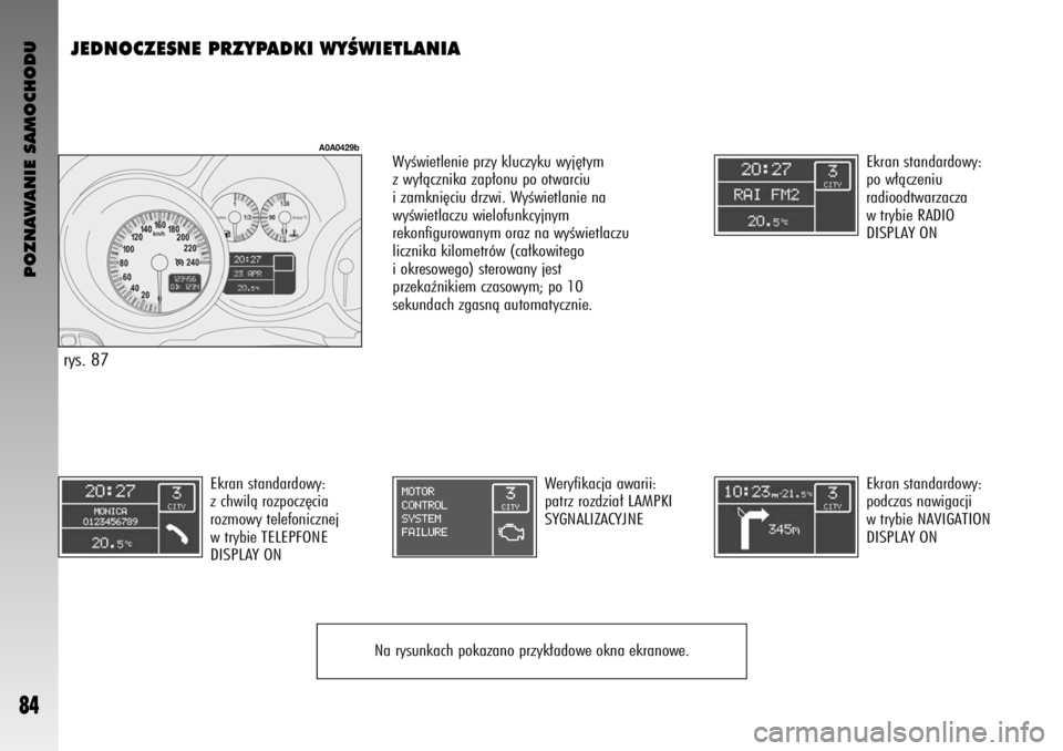 Alfa Romeo GT 2008  Instrukcja obsługi (in Polish) POZNAWANIE SAMOCHODU
84
JEDNOCZESNE PRZYPADKI WYÂWIETLANIA 
Ekran standardowy:
po w∏àczeniu 
radioodtwarzacza
w trybie RADIO 
DISPLAY ON
Ekran standardowy:
z chwilà rozpocz´cia 
rozmowy telefoni