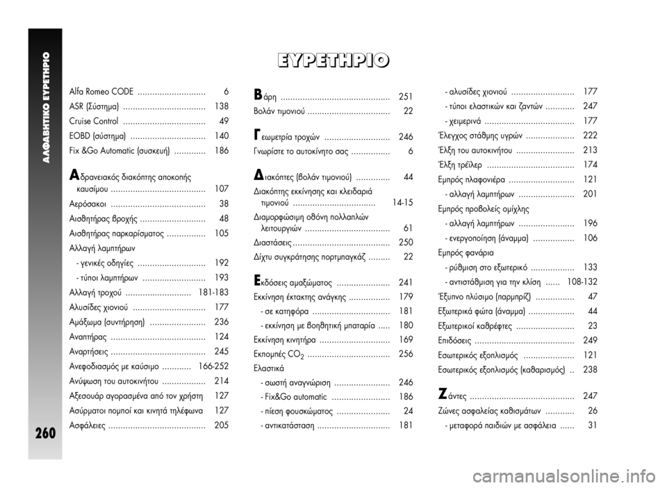 Alfa Romeo GT 2008 ΒΙΒΛΙΟ ΧΡΗΣΗΣ ΚΑΙ ΣΥΝΤΗΡΗΣΗΣ (in Greek) A§ºABHTIKO EYPETHPIO
260
E E
Y Y
P P
E E
T T
H H
P P
I I
O O
Alfa Romeo CODE ............................ 6
ASR (™‡ÛÙËÌ·) .................................. 138
Cruise Control ......... Alfa Romeo GT 2008 ΒΙΒΛΙΟ ΧΡΗΣΗΣ ΚΑΙ ΣΥΝΤΗΡΗΣΗΣ (in Greek) A§ºABHTIKO EYPETHPIO
260
E E
Y Y
P P
E E
T T
H H
P P
I I
O O
Alfa Romeo CODE ............................ 6
ASR (™‡ÛÙËÌ·) .................................. 138
Cruise Control .........