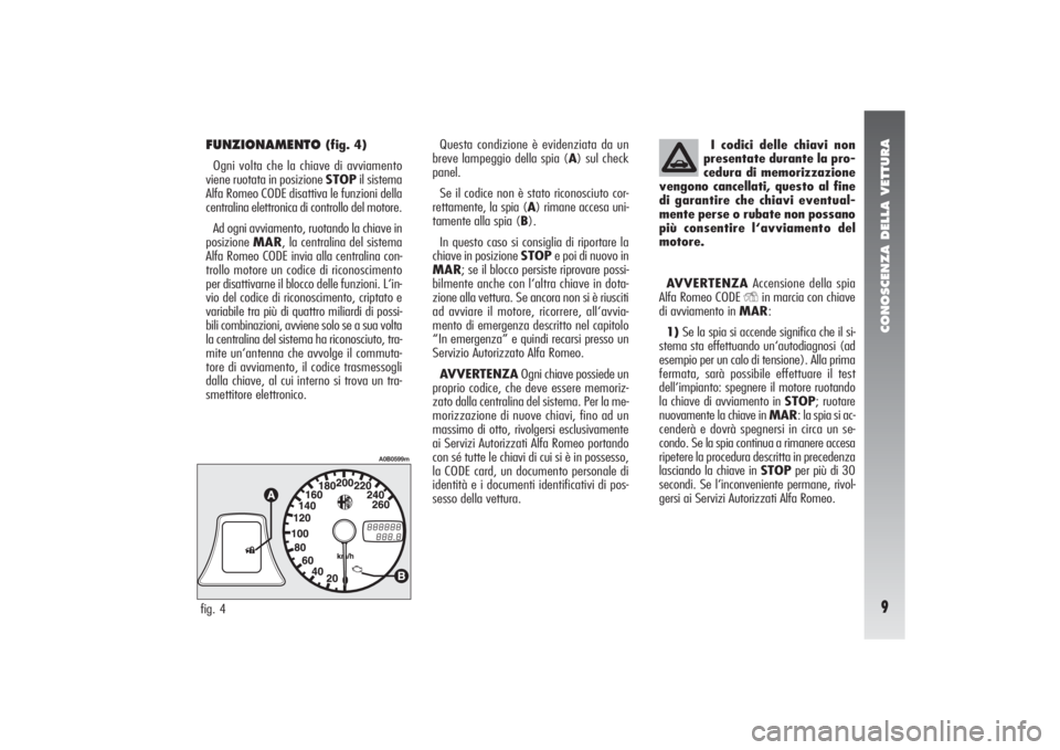 Alfa Romeo 156 2006 Libretto Uso Manutenzione (in Italian) CONOSCENZA DELLA VETTURA9
FUNZIONAMENTO
(fig. 4)
Ogni volta che la chiave di avviamento
viene ruotata in posizione STOPil sistema
Alfa Romeo CODE disattiva le funzioni della
centralina elettronica di Alfa Romeo 156 2006 Libretto Uso Manutenzione (in Italian) CONOSCENZA DELLA VETTURA9
FUNZIONAMENTO
(fig. 4)
Ogni volta che la chiave di avviamento
viene ruotata in posizione STOPil sistema
Alfa Romeo CODE disattiva le funzioni della
centralina elettronica di
