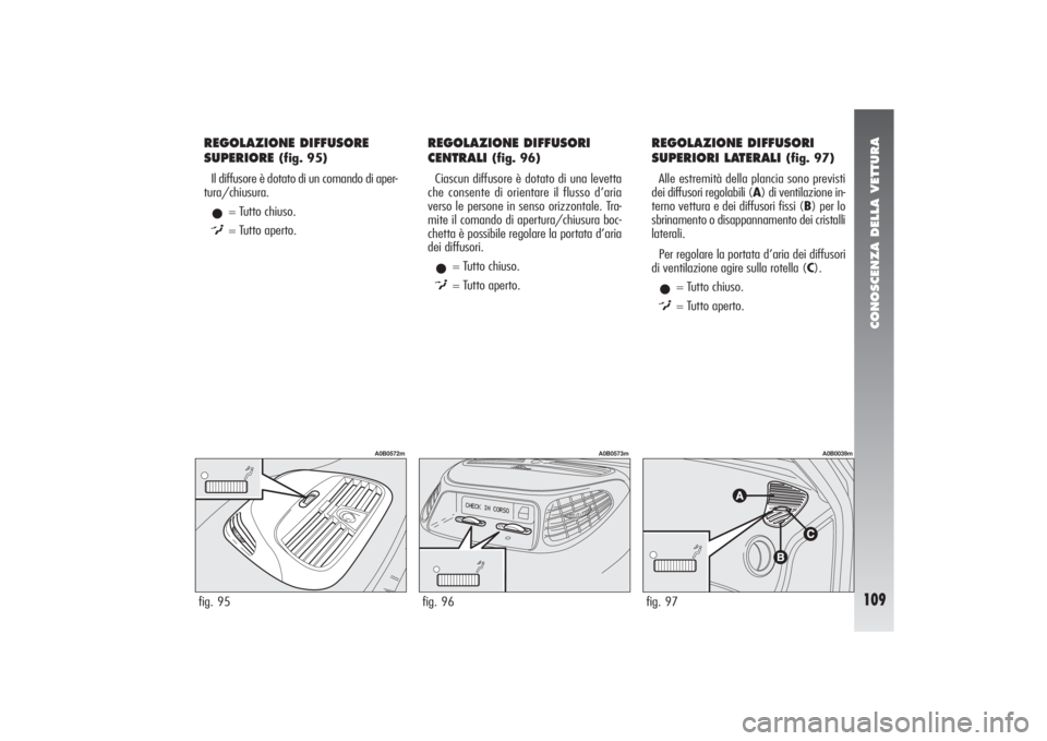 Alfa Romeo 156 2004 Libretto Uso Manutenzione (in Italian) CONOSCENZA DELLA VETTURA
109
REGOLAZIONE DIFFUSORE
SUPERIORE
(fig. 95)
Il diffusore è dotato di un comando di aper-
tura/chiusura.
•
= Tutto chiuso.
)= Tutto aperto.
REGOLAZIONE DIFFUSORI
CENTRAL Alfa Romeo 156 2004 Libretto Uso Manutenzione (in Italian) CONOSCENZA DELLA VETTURA
109
REGOLAZIONE DIFFUSORE
SUPERIORE
(fig. 95)
Il diffusore è dotato di un comando di aper-
tura/chiusura.
•
= Tutto chiuso.
)= Tutto aperto.
REGOLAZIONE DIFFUSORI
CENTRAL