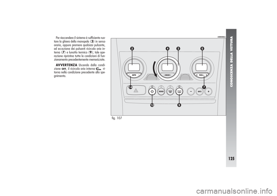 Alfa Romeo 156 2004 Libretto Uso Manutenzione (in Italian) CONOSCENZA DELLA VETTURA
125
fig. 107
A0B0068m
Per riaccendere il sistema è sufficiente ruo-
tare la ghiera della manopola (3) in senso
orario, oppure premere qualsiasi pulsante,
ad eccezione dei pul Alfa Romeo 156 2004 Libretto Uso Manutenzione (in Italian) CONOSCENZA DELLA VETTURA
125
fig. 107
A0B0068m
Per riaccendere il sistema è sufficiente ruo-
tare la ghiera della manopola (3) in senso
orario, oppure premere qualsiasi pulsante,
ad eccezione dei pul