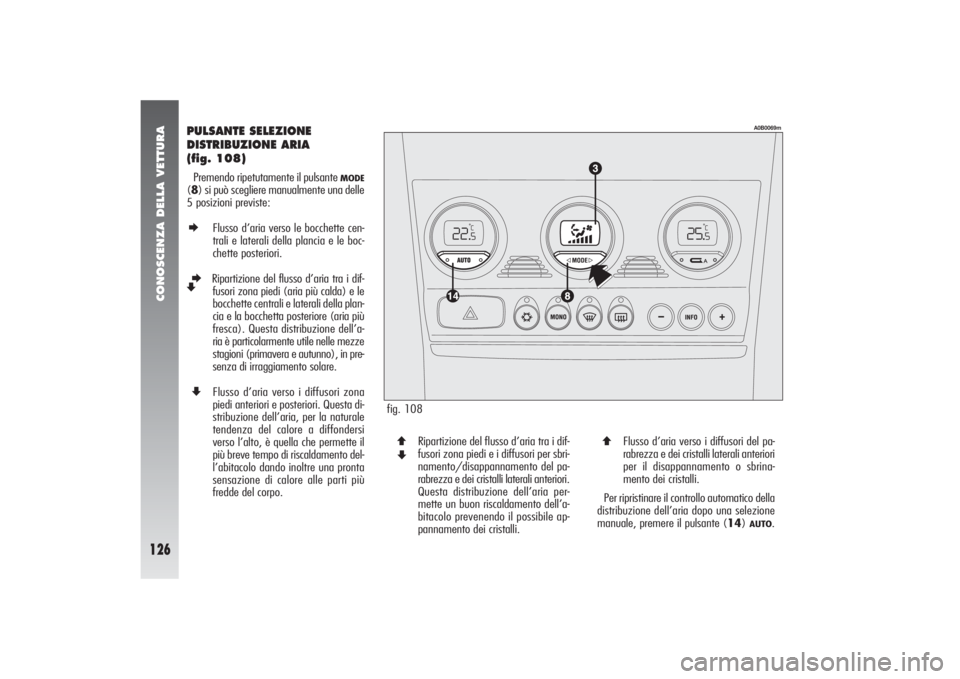 Alfa Romeo 156 2004 Libretto Uso Manutenzione (in Italian) CONOSCENZA DELLA VETTURA
126
PULSANTE SELEZIONE
DISTRIBUZIONE ARIA
(fig. 108)Premendo ripetutamente il pulsante
MODE
(8) si può scegliere manualmente una delle
5 posizioni previste:E
Flusso d’ar Alfa Romeo 156 2004 Libretto Uso Manutenzione (in Italian) CONOSCENZA DELLA VETTURA
126
PULSANTE SELEZIONE
DISTRIBUZIONE ARIA
(fig. 108)Premendo ripetutamente il pulsante
MODE
(8) si può scegliere manualmente una delle
5 posizioni previste:E
Flusso d’ar