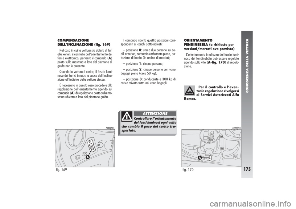 Alfa Romeo 156 2004 Libretto Uso Manutenzione (in Italian) CONOSCENZA DELLA VETTURA
175
COMPENSAZIONE
DELL’INCLINAZIONE
(fig. 169)
Nel caso in cui la vettura sia dotata di fari
allo xenon, il controllo dell’orientamento dei
fari é elettronico, pertanto Alfa Romeo 156 2004 Libretto Uso Manutenzione (in Italian) CONOSCENZA DELLA VETTURA
175
COMPENSAZIONE
DELL’INCLINAZIONE
(fig. 169)
Nel caso in cui la vettura sia dotata di fari
allo xenon, il controllo dell’orientamento dei
fari é elettronico, pertanto