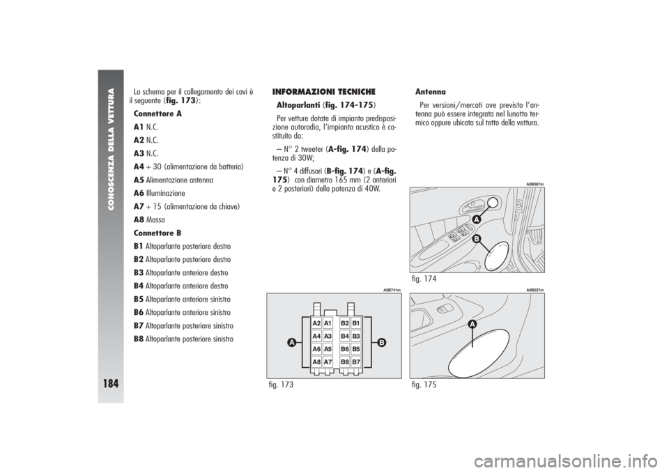 Alfa Romeo 156 2004 Libretto Uso Manutenzione (in Italian) CONOSCENZA DELLA VETTURA
184
Lo schema per il collegamento dei cavi è
il seguente (fig. 173):
Connettore A
A1N.C.
A2N.C.
A3N.C.
A4+ 30 (alimentazione da batteria)
A5Alimentazione antenna
A6Illuminazi Alfa Romeo 156 2004 Libretto Uso Manutenzione (in Italian) CONOSCENZA DELLA VETTURA
184
Lo schema per il collegamento dei cavi è
il seguente (fig. 173):
Connettore A
A1N.C.
A2N.C.
A3N.C.
A4+ 30 (alimentazione da batteria)
A5Alimentazione antenna
A6Illuminazi