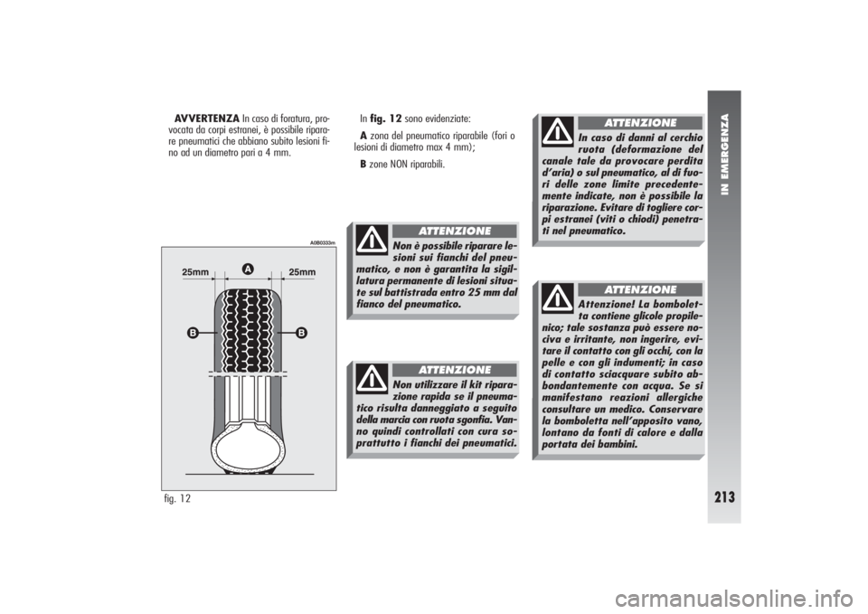 Alfa Romeo 156 2004 Libretto Uso Manutenzione (in Italian) IN EMERGENZA
213
fig. 12
A0B0333m
AVVERTENZAIn caso di foratura, pro-
vocata da corpi estranei, è possibile ripara-
re pneumatici che abbiano subito lesioni fi-
no ad un diametro pari a 4 mm.In fig. Alfa Romeo 156 2004 Libretto Uso Manutenzione (in Italian) IN EMERGENZA
213
fig. 12
A0B0333m
AVVERTENZAIn caso di foratura, pro-
vocata da corpi estranei, è possibile ripara-
re pneumatici che abbiano subito lesioni fi-
no ad un diametro pari a 4 mm.In fig.