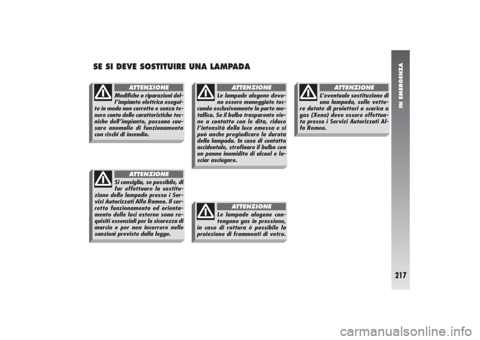 Alfa Romeo 156 2004 Libretto Uso Manutenzione (in Italian) IN EMERGENZA
217
SE SI DEVE SOSTITUIRE UNA LAMPADA
Modifiche o riparazioni del-
l’impianto elettrico esegui-
te in modo non corretto e senza te-
nere conto delle caratteristiche tec-
niche dell’im Alfa Romeo 156 2004 Libretto Uso Manutenzione (in Italian) IN EMERGENZA
217
SE SI DEVE SOSTITUIRE UNA LAMPADA
Modifiche o riparazioni del-
l’impianto elettrico esegui-
te in modo non corretto e senza te-
nere conto delle caratteristiche tec-
niche dell’im