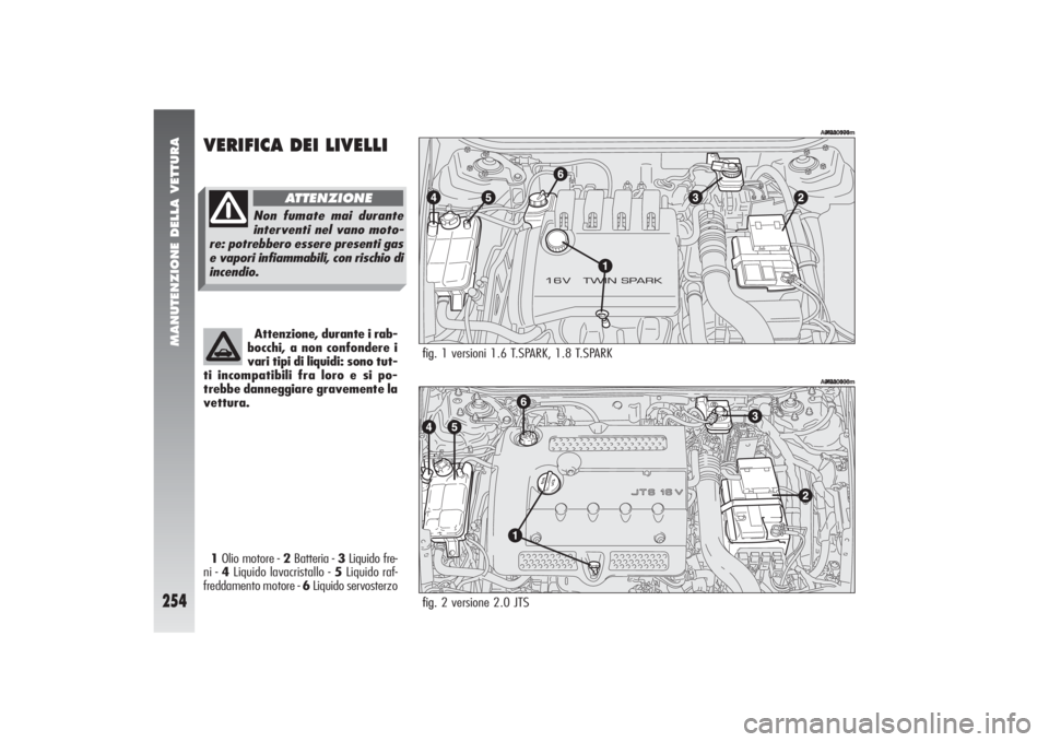 Alfa Romeo 156 2004 Libretto Uso Manutenzione (in Italian) MANUTENZIONE DELLA VETTURA
254
fig.
A0A0000m
fig.
A0A0000m
fig. 2 versione 2.0 JTS
A0M00436m
fig. 1 versioni 1.6 T.SPARK, 1.8 T.SPARK
A0M00174m
VERIFICA DEI LIVELLI1Olio motore - 2Batteria - 3Liquid Alfa Romeo 156 2004 Libretto Uso Manutenzione (in Italian) MANUTENZIONE DELLA VETTURA
254
fig.
A0A0000m
fig.
A0A0000m
fig. 2 versione 2.0 JTS
A0M00436m
fig. 1 versioni 1.6 T.SPARK, 1.8 T.SPARK
A0M00174m
VERIFICA DEI LIVELLI1Olio motore - 2Batteria - 3Liquid