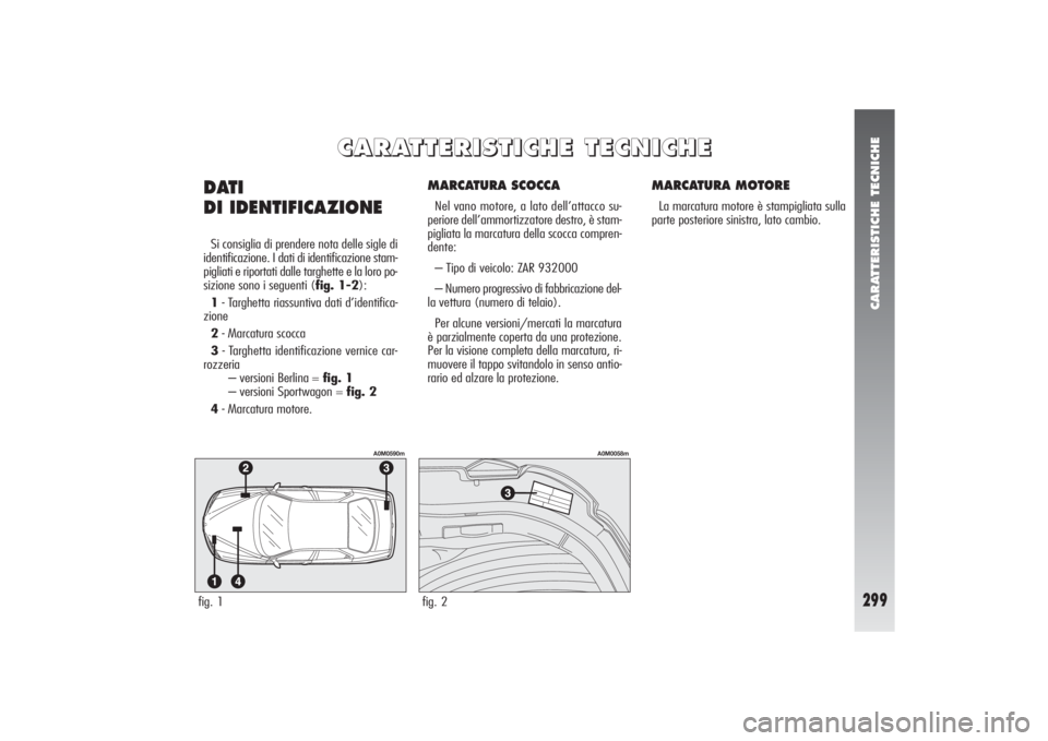 Alfa Romeo 156 2004 Libretto Uso Manutenzione (in Italian) CARATTERISTICHE TECNICHE
299
MARCATURA SCOCCANel vano motore, a lato dell’attacco su-
periore dell’ammortizzatore destro, è stam-
pigliata la marcatura della scocca compren-
dente:
– Tipo di ve Alfa Romeo 156 2004 Libretto Uso Manutenzione (in Italian) CARATTERISTICHE TECNICHE
299
MARCATURA SCOCCANel vano motore, a lato dell’attacco su-
periore dell’ammortizzatore destro, è stam-
pigliata la marcatura della scocca compren-
dente:
– Tipo di ve