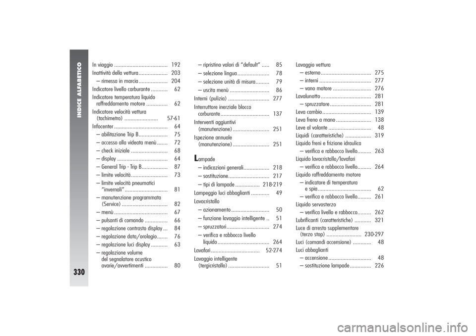 Alfa Romeo 156 2007  Libretto Uso Manutenzione (in Italian) INDICE ALFABETICO
330
In viaggio ................................... 192
Inattività della vettura ................... 203
– rimessa in marcia ................... 204
Indicatore livello carburante .