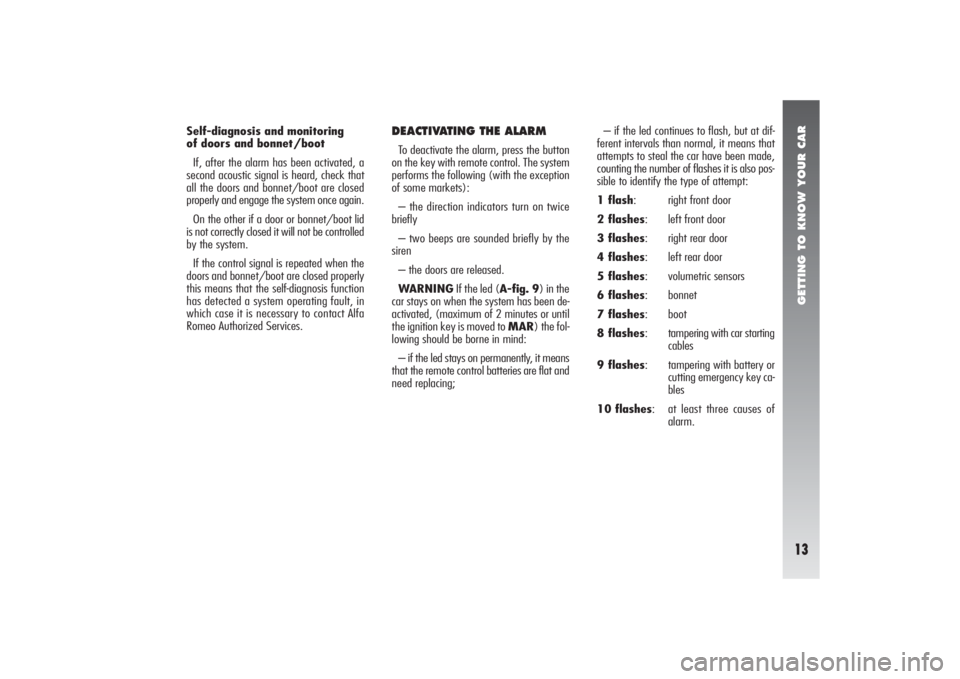 Alfa Romeo 156 2007  Owner handbook (in English) GETTING TO KNOW YOUR CAR13
Self-diagnosis and monitoring
of doors and bonnet/boot
If, after the alarm has been activated, a
second acoustic signal is heard, check that
all the doors and bonnet/boot ar