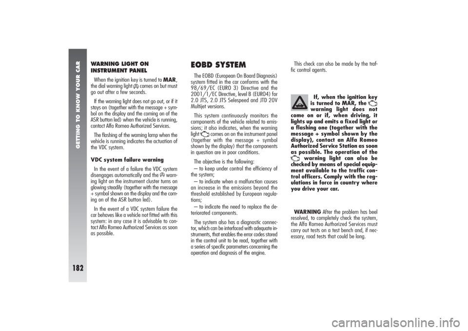 Alfa Romeo 156 2006  Owner handbook (in English) GETTING TO KNOW YOUR CAR
182
EOBD SYSTEMThe EOBD (European On Board Diagnosis)
system fitted in the car conforms with the
98/69/EC (EURO 3) Directive and the
2001/1/EC Directive, level B (EURO4) for
2