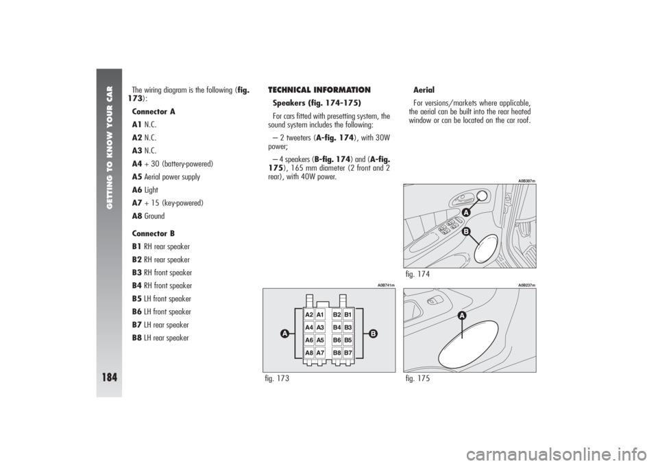 Alfa Romeo 156 2006  Owner handbook (in English) GETTING TO KNOW YOUR CAR
184
The wiring diagram is the following (fig.
173):
Connector A
A1N.C.
A2N.C.
A3N.C.
A4+ 30 (battery-powered)
A5Aerial power supply
A6Light
A7+ 15 (key-powered)
A8Ground
Conne