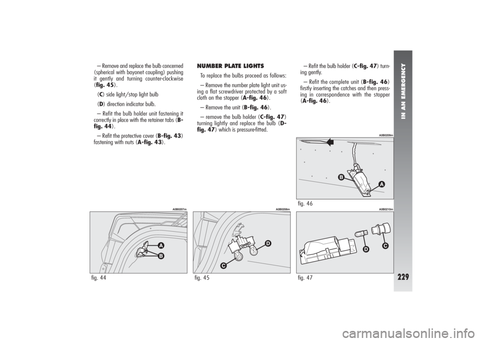Alfa Romeo 156 2005 Owner handbook (in English) IN AN EMERGENCY
229
– Remove and replace the bulb concerned
(spherical with bayonet coupling) pushing
it gently and turning counter-clockwise
(fig. 45).
(C) side light/stop light bulb
(D) direction Alfa Romeo 156 2005 Owner handbook (in English) IN AN EMERGENCY
229
– Remove and replace the bulb concerned
(spherical with bayonet coupling) pushing
it gently and turning counter-clockwise
(fig. 45).
(C) side light/stop light bulb
(D) direction