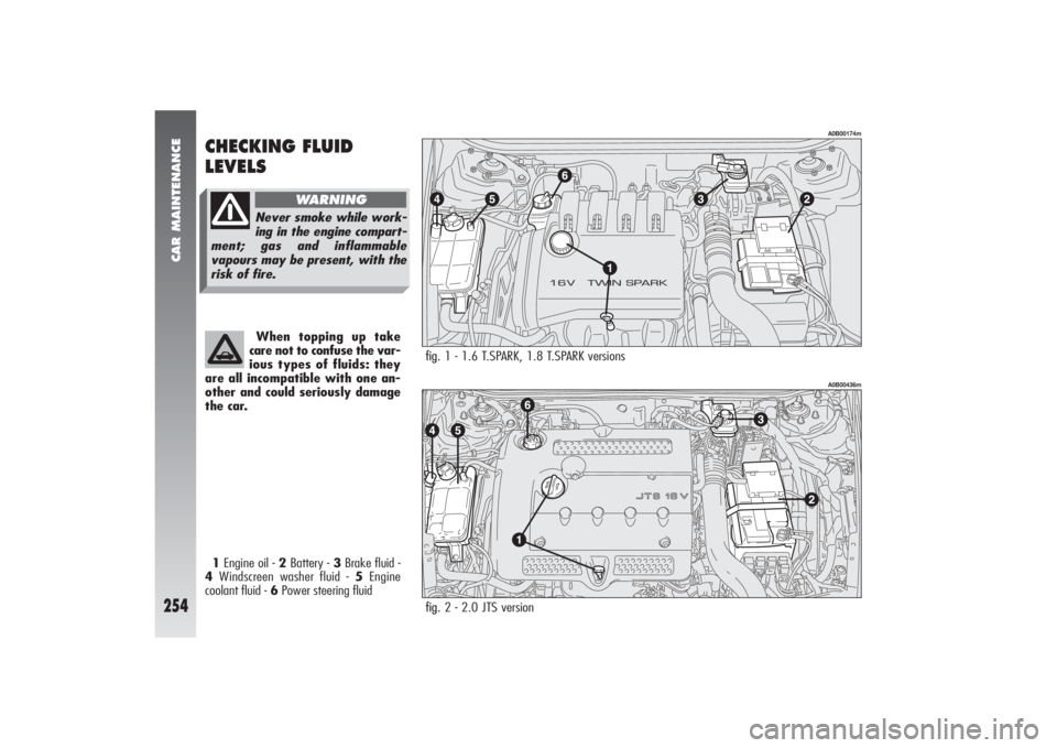 Alfa Romeo 156 2005  Owner handbook (in English) CAR MAINTENANCE
254
fig. fig. fig. 2 - 2.0 JTS version
A0B00436m
fig. 1 - 1.6 T.SPARK, 1.8 T.SPARK versions
A0B00174m
CHECKING FLUID
LEVELS1Engine oil - 2Battery - 3Brake fluid -
4Windscreen washer fl