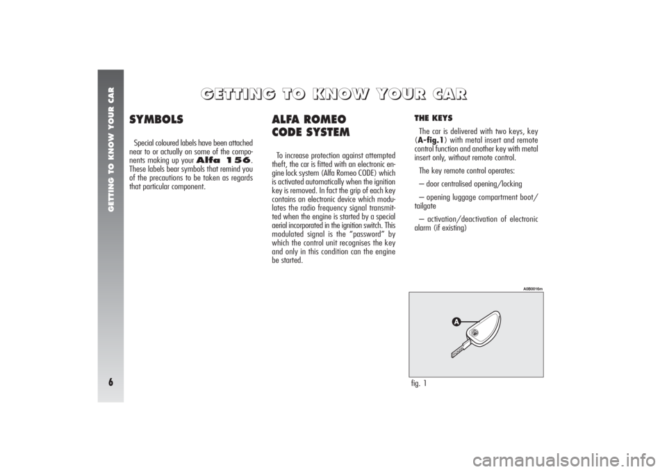 Alfa Romeo 156 2006  Owner handbook (in English) GETTING TO KNOW YOUR CAR6
ALFA ROMEO 
CODE SYSTEMTo increase protection against attempted
theft, the car is fitted with an electronic en-
gine lock system (Alfa Romeo CODE) which
is activated automati