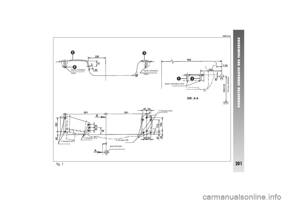 Alfa Romeo 156 2005 Betriebsanleitung (in German) KORREKTER GEBRAUCH DES FAHRZEUGS
201
fig. 1
A0B0143m
bereits vorhandene
Löcher
SEK. A-A
Fahrzeug vollbeladen
bereits vorhandene
Löcher
bereits vorhandene Löcher
2 Schrauben M10
genormte Kugel 3 S Alfa Romeo 156 2005 Betriebsanleitung (in German) KORREKTER GEBRAUCH DES FAHRZEUGS
201
fig. 1
A0B0143m
bereits vorhandene
Löcher
SEK. A-A
Fahrzeug vollbeladen
bereits vorhandene
Löcher
bereits vorhandene Löcher
2 Schrauben M10
genormte Kugel 3 S