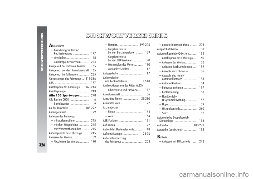 Alfa Romeo 156 2005 Betriebsanleitung (in German) STICHWORTVERZEICHNIS
326
S S
T T
I I
C C
H H
W W
O O
R R
T T
V V
E E
R R
Z Z
E E
I I
C C
H H
N N
I I
S S
A
bblendlicht
– Ausrichtung für Links/
Rechtssteuerung .................... 177
– einschal Alfa Romeo 156 2005 Betriebsanleitung (in German) STICHWORTVERZEICHNIS
326
S S
T T
I I
C C
H H
W W
O O
R R
T T
V V
E E
R R
Z Z
E E
I I
C C
H H
N N
I I
S S
A
bblendlicht
– Ausrichtung für Links/
Rechtssteuerung .................... 177
– einschal