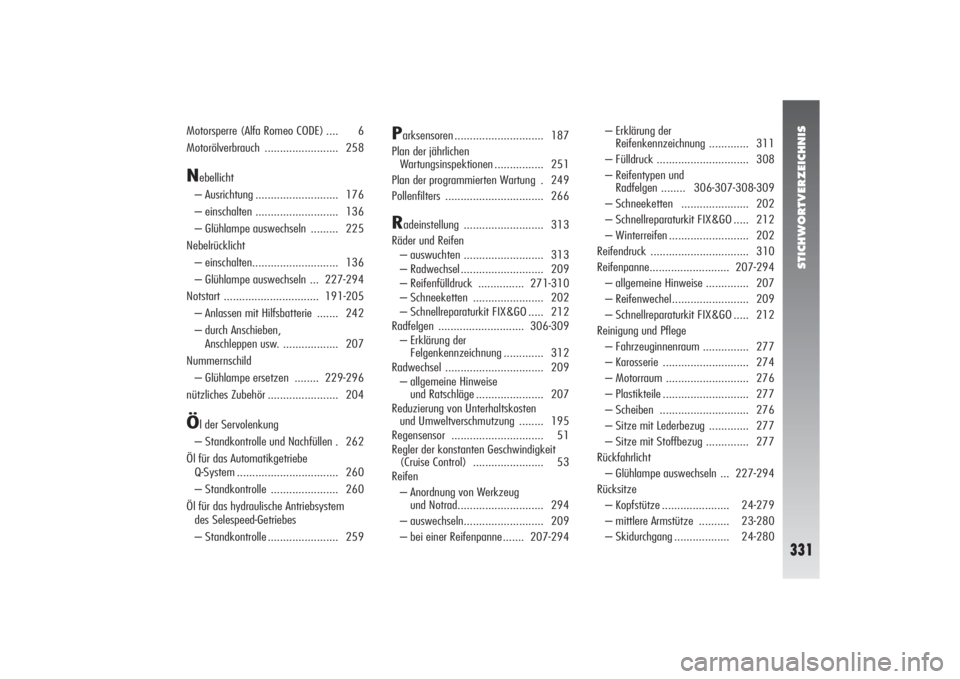 Alfa Romeo 156 2007  Betriebsanleitung (in German) STICHWORTVERZEICHNIS
331
Motorsperre (Alfa Romeo CODE) .... 6
Motorölverbrauch ........................ 258N
ebellicht
– Ausrichtung ........................... 176
– einschalten ................