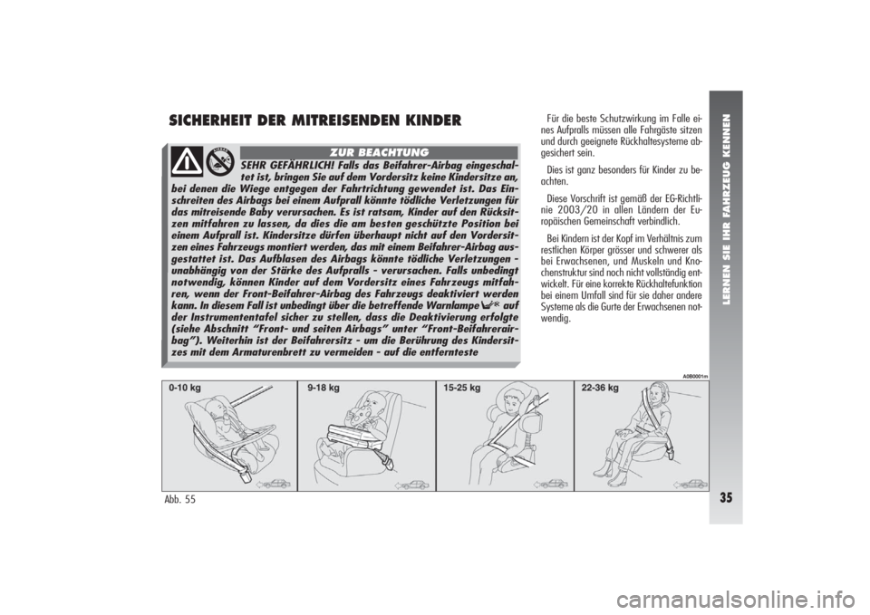 Alfa Romeo 156 2007  Betriebsanleitung (in German) LERNEN SIE IHR FAHRZEUG KENNEN35
SICHERHEIT DER MITREISENDEN KINDERAbb. 55
A0B0001m
Für die beste Schutzwirkung im Falle ei-
nes Aufpralls müssen alle Fahrgäste sitzen
und durch geeignete Rückhalt