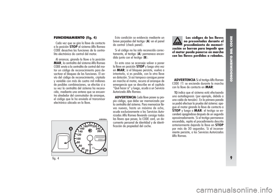 Alfa Romeo 156 2004  Manual de Empleo y Cuidado (in Spanish) CONOCIMIENTO DEL COCHE9
FUNCIONAMIENTO 
(fig. 4)
Cada vez que se gira la llave de contacto
a la posición STOPel sistema Alfa Romeo
CODE desactiva las funciones de la centra-
lita electrónica de cont