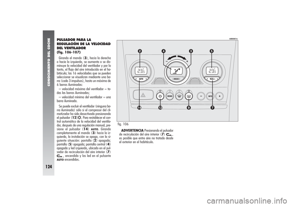 Alfa Romeo 156 2004 Manual de Empleo y Cuidado (in Spanish) CONOCIMIENTO DEL COCHE
124
PULSADOR PARA LA
REGULACIÓN DE LA VELOCIDAD
DEL VENTILADOR (fig. 106-107)
Girando el mando (3), hacia la derecha
o hacia la izquierda, se aumenta o se dis-
minuye la veloci Alfa Romeo 156 2004 Manual de Empleo y Cuidado (in Spanish) CONOCIMIENTO DEL COCHE
124
PULSADOR PARA LA
REGULACIÓN DE LA VELOCIDAD
DEL VENTILADOR (fig. 106-107)
Girando el mando (3), hacia la derecha
o hacia la izquierda, se aumenta o se dis-
minuye la veloci