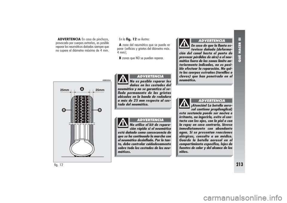 Alfa Romeo 156 2004 Manual de Empleo y Cuidado (in Spanish) QUÉ HACER SI
213
fig. 12
A0B0333m
ADVERTENCIAEn caso de pinchazo,
provocado por cuerpos extraños, es posible
reparar los neumáticos dañados siempre que
no supere el diámetro máximo de 4 mm.En la Alfa Romeo 156 2004 Manual de Empleo y Cuidado (in Spanish) QUÉ HACER SI
213
fig. 12
A0B0333m
ADVERTENCIAEn caso de pinchazo,
provocado por cuerpos extraños, es posible
reparar los neumáticos dañados siempre que
no supere el diámetro máximo de 4 mm.En la