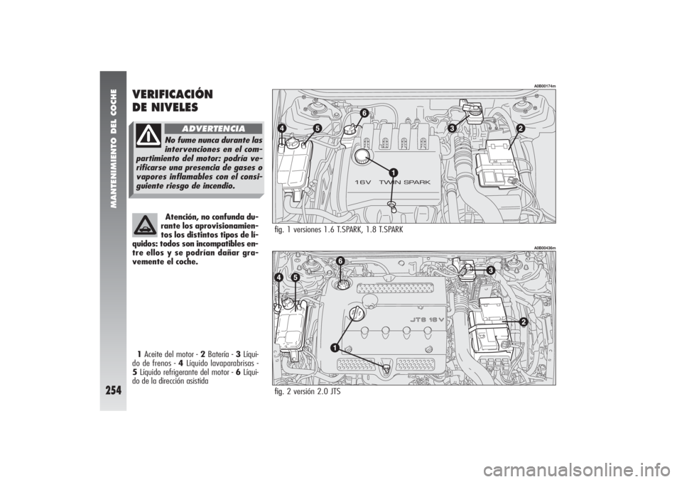 Alfa Romeo 156 2004 Manual de Empleo y Cuidado (in Spanish) MANTENIMIENTO DEL COCHE
254
fig. fig. fig. 2 versión 2.0 JTS
A0B00436m
fig. 1 versiones 1.6 T.SPARK, 1.8 T.SPARK
A0B00174m
VERIFICACIÓN
DE NIVELES1Aceite del motor - 2Batería - 3Líqui-
do de fre Alfa Romeo 156 2004 Manual de Empleo y Cuidado (in Spanish) MANTENIMIENTO DEL COCHE
254
fig. fig. fig. 2 versión 2.0 JTS
A0B00436m
fig. 1 versiones 1.6 T.SPARK, 1.8 T.SPARK
A0B00174m
VERIFICACIÓN
DE NIVELES1Aceite del motor - 2Batería - 3Líqui-
do de fre