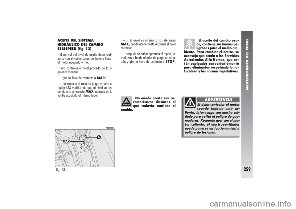 Alfa Romeo 156 2004 Manual de Empleo y Cuidado (in Spanish) MANTENIMIENTO DEL COCHE
259
– si el nivel es inferior a la referencia
MAX, añada aceite hasta alcanzar el nivel
correcto;
– después de haber apretado el tapón, in-
troduzca a fondo el tubo de p Alfa Romeo 156 2004 Manual de Empleo y Cuidado (in Spanish) MANTENIMIENTO DEL COCHE
259
– si el nivel es inferior a la referencia
MAX, añada aceite hasta alcanzar el nivel
correcto;
– después de haber apretado el tapón, in-
troduzca a fondo el tubo de p