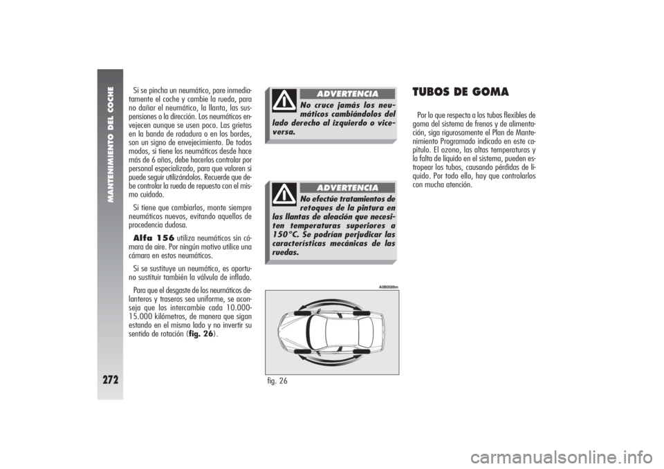 Alfa Romeo 156 2004 Manual de Empleo y Cuidado (in Spanish) MANTENIMIENTO DEL COCHE
272
fig. 26
A0B0589m
Si se pincha un neumático, pare inmedia-
tamente el coche y cambie la rueda, para
no dañar el neumático, la llanta, las sus-
pensiones o la dirección. Alfa Romeo 156 2004 Manual de Empleo y Cuidado (in Spanish) MANTENIMIENTO DEL COCHE
272
fig. 26
A0B0589m
Si se pincha un neumático, pare inmedia-
tamente el coche y cambie la rueda, para
no dañar el neumático, la llanta, las sus-
pensiones o la dirección.