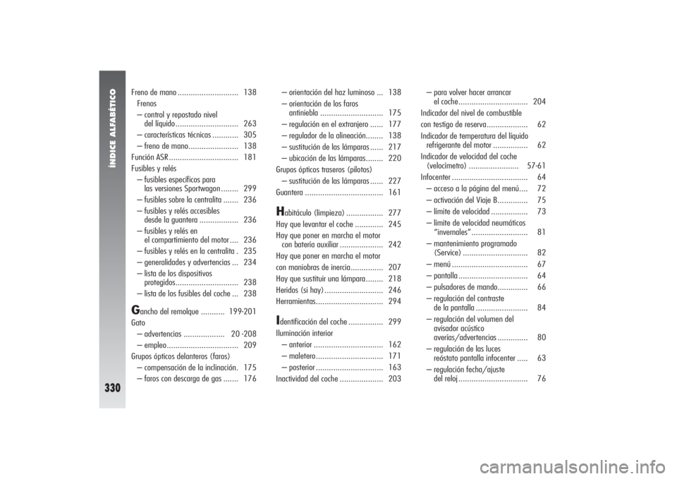 Alfa Romeo 156 2004  Manual de Empleo y Cuidado (in Spanish) ÍNDICE ALFABÉTICO 
330
Freno de mano ............................ 138
Frenos
– control y repostado nivel 
del líquido ............................. 263
– características técnicas ............