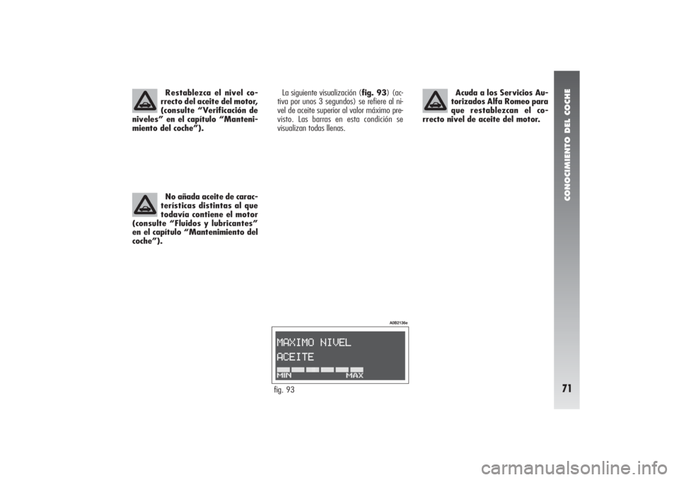 Alfa Romeo 156 2004  Manual de Empleo y Cuidado (in Spanish) CONOCIMIENTO DEL COCHE71
La siguiente visualización (fig. 93) (ac-
tiva por unos 3 segundos) se refiere al ni-
vel de aceite superior al valor máximo pre-
visto. Las barras en esta condición se
vis