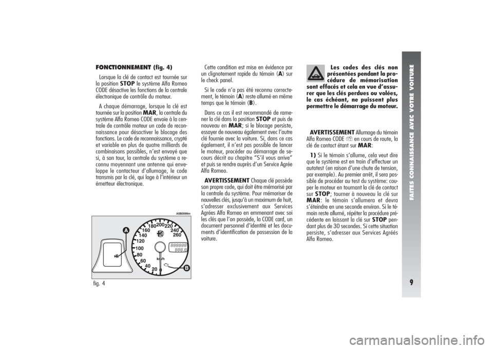 Alfa Romeo 156 2006 Notice dentretien (in French) FAITES CONNAISSANCE AVEC VOTRE VOITURE9
FONCTIONNEMENT
(fig. 4)
Lorsque la clé de contact est tournée sur
la position STOPle système Alfa Romeo
CODE désactive les fonctions de la centrale
électr Alfa Romeo 156 2006 Notice dentretien (in French) FAITES CONNAISSANCE AVEC VOTRE VOITURE9
FONCTIONNEMENT
(fig. 4)
Lorsque la clé de contact est tournée sur
la position STOPle système Alfa Romeo
CODE désactive les fonctions de la centrale
électr