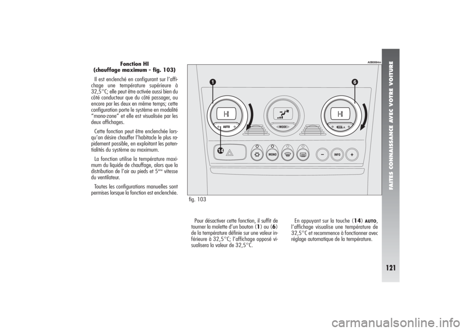 Alfa Romeo 156 2006  Notice dentretien (in French) FAITES CONNAISSANCE AVEC VOTRE VOITURE
121
fig. 103
A0B0064m
Fonction HI
(chauffage maximum - fig. 103)
Il est enclenché en configurant sur l’affi-
chage une température supérieure à
32,5°C; el