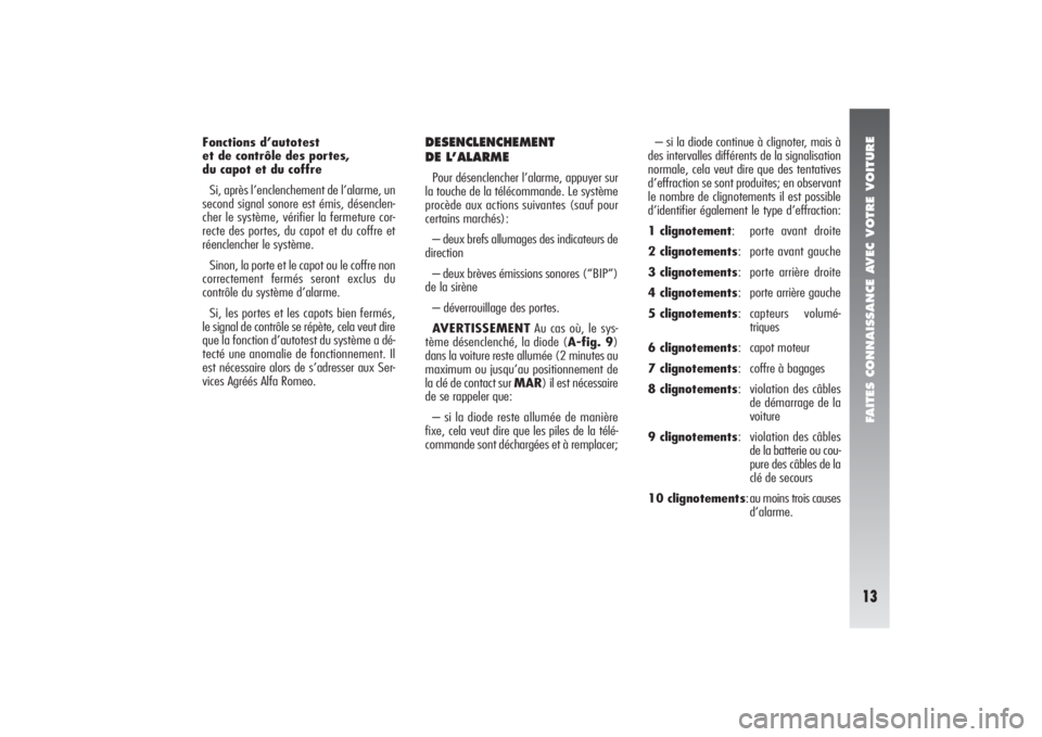 Alfa Romeo 156 2006  Notice dentretien (in French) FAITES CONNAISSANCE AVEC VOTRE VOITURE13
Fonctions d’autotest 
et de contrôle des portes,
du capot et du coffre
Si, après l’enclenchement de l’alarme, un
second signal sonore est émis, désen