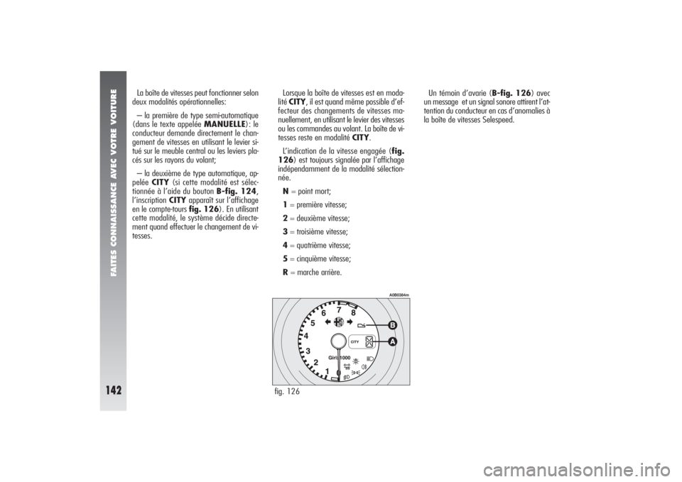Alfa Romeo 156 2006  Notice dentretien (in French) FAITES CONNAISSANCE AVEC VOTRE VOITURE
142
Un témoin d’avarie (B-fig. 126) avec
un message  et un signal sonore attirent l’at-
tention du conducteur en cas d’anomalies à
la boîte de vitesses 